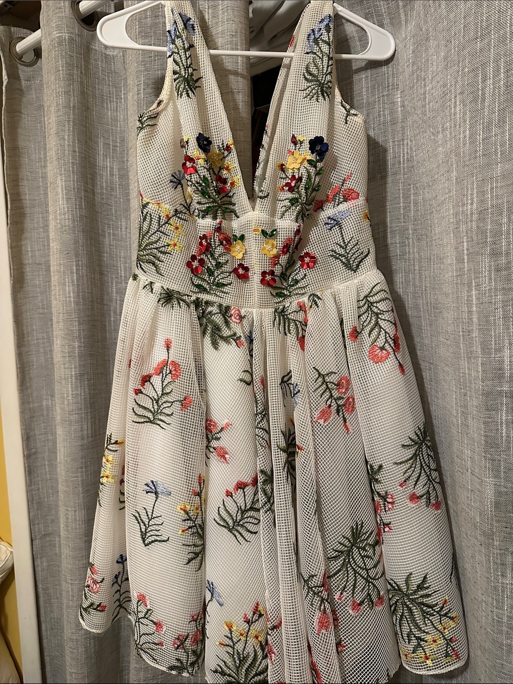 White Floral Embroidered Mesh V-Neck Dress